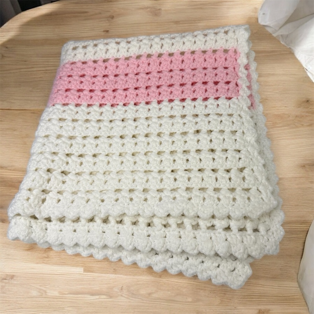 Hand Crocheted Table Cloth Baby Girl Blanket Doily Pink White Stripe 30" x 30"